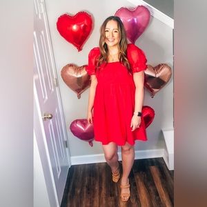 entro Red Short Puff-Sleeve Babydoll Dress